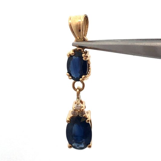 Designer 14K Yellow Gold Oval Blue Sapphire Duo Diamond Accented Pendant