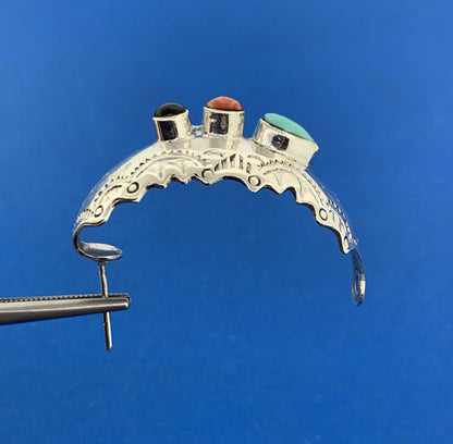 Designer 925 Sterling Silver Turquoise Coral Onyx Cocho Style Half Hoop Earrings