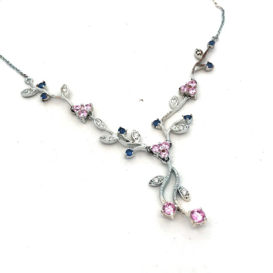 925 Sterling Silver Pink Blue Cubic Zirconia Vines Floral Y-Drop Necklace