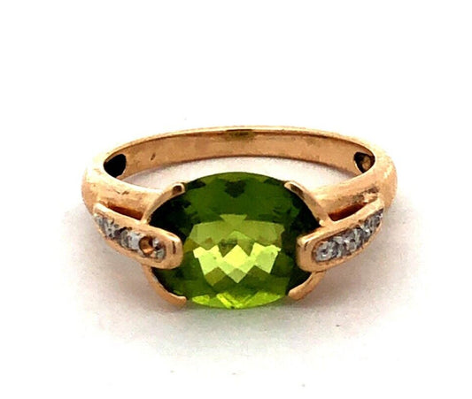 Designer MEDA 14K Yellow Gold Oval Green Peridot Diamond August Birthstone Ring