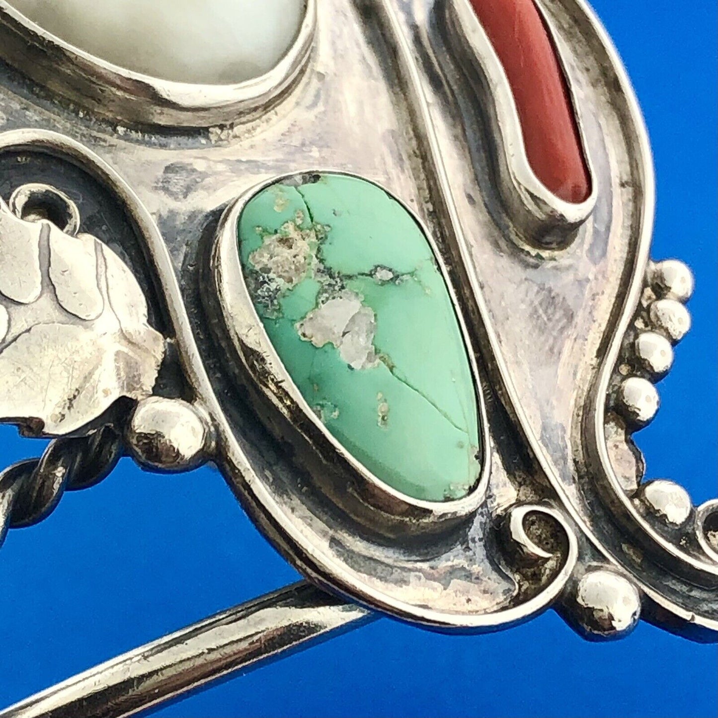 Sterling Silver 925 Mother Of Pearl Turquoise Coral Squash Blossom Cuff Bracelet