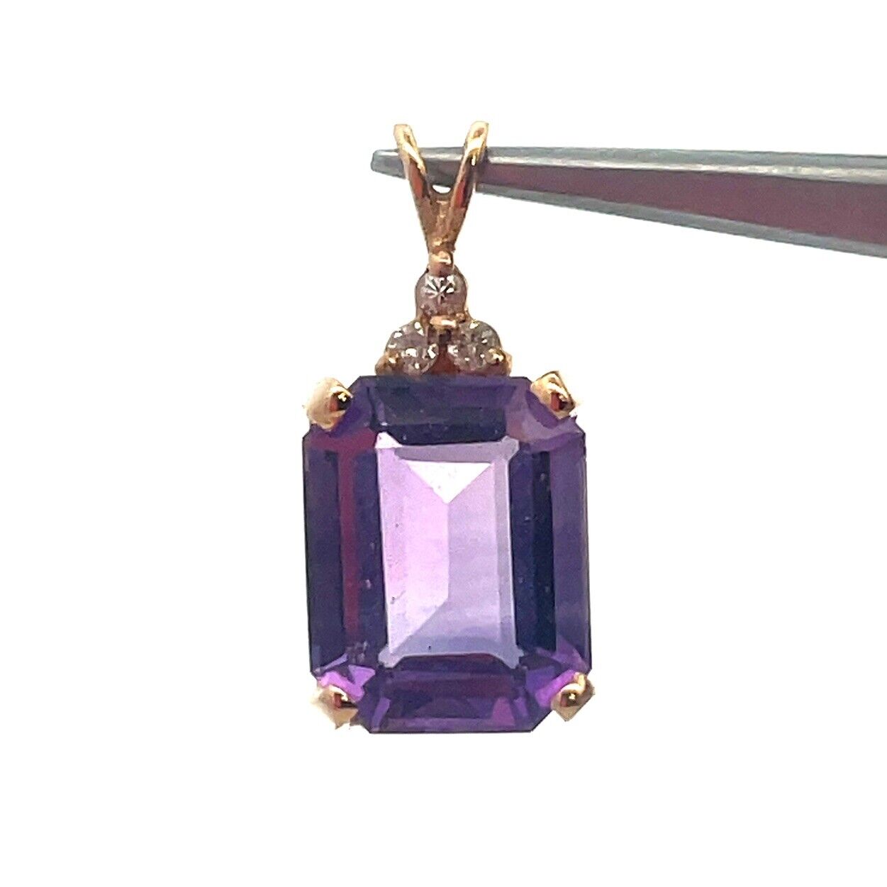 Vintage Designer 14K Yellow Gold Emerald Cut Amethyst Diamond Accent Pendant