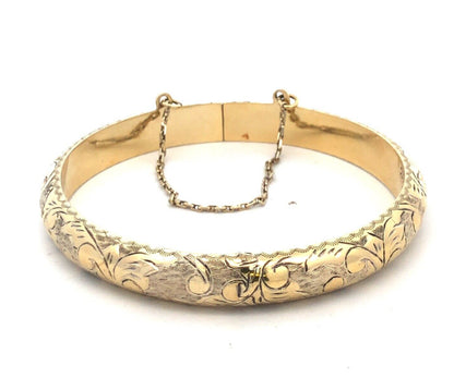 Art Nouveau Siam Sterling Silver Vermeil Etched Scroll Hinged Bangle Bracelet
