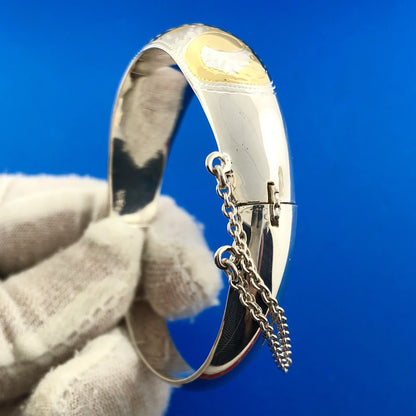 Designer CI Sterling Silver 925 Gold Two Tone Floral Scroll Hinged Cuff Bracelet