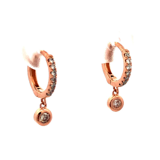 14KT Rose Gold Round Diamond Tiny Hinged Huggie Hoop Dangle Earrings