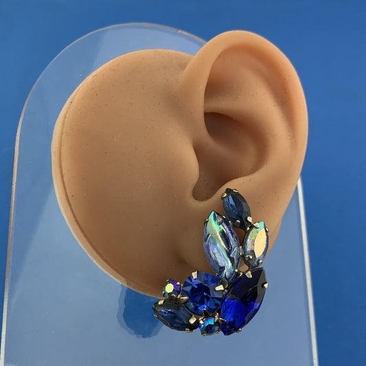 Mid Century Silver Tone Blue Aurora Borealis Rhinestone Brooch & Earrings Set