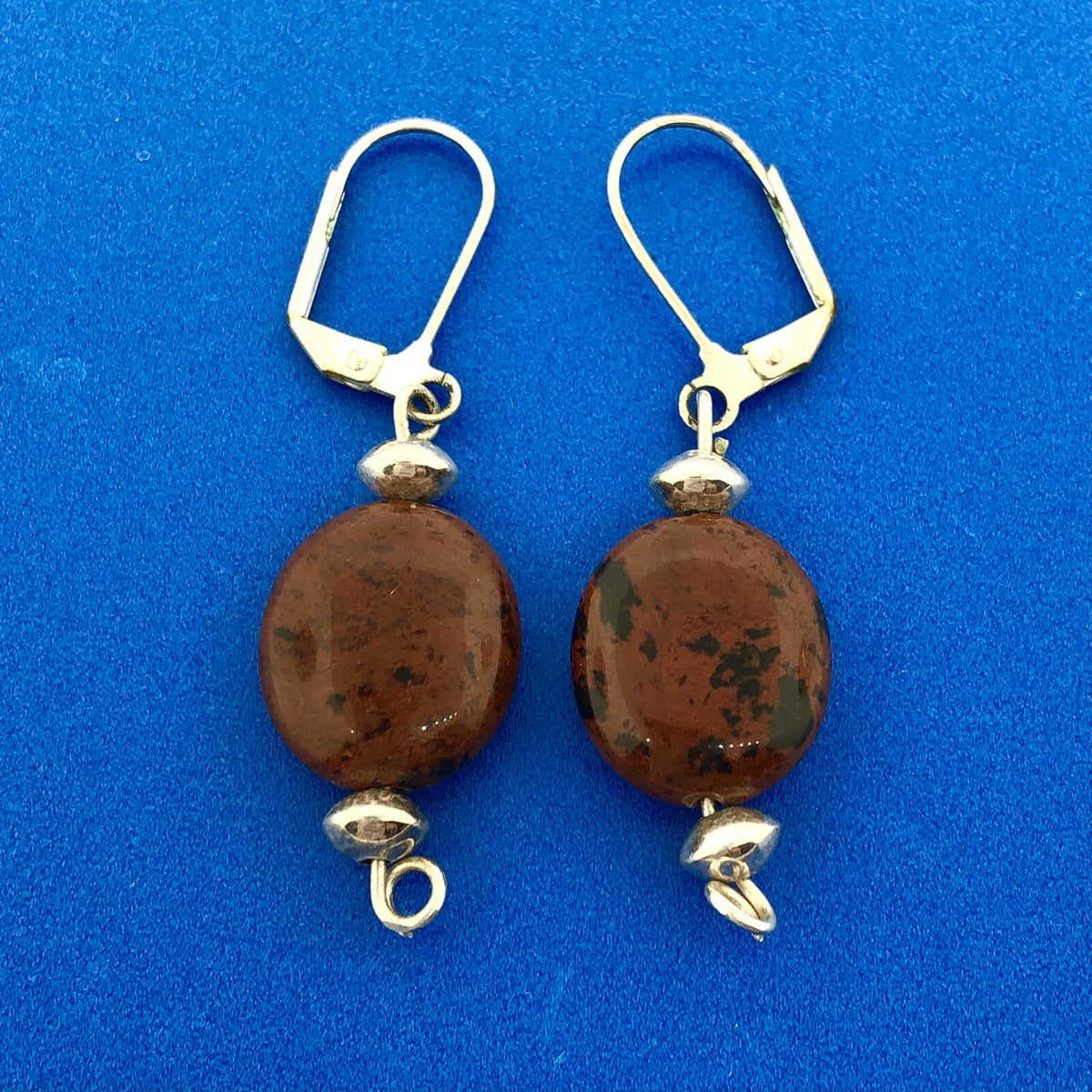 Lovely Silver Toned Brown Black Cabochon Agate Leverback Dangle Earrings