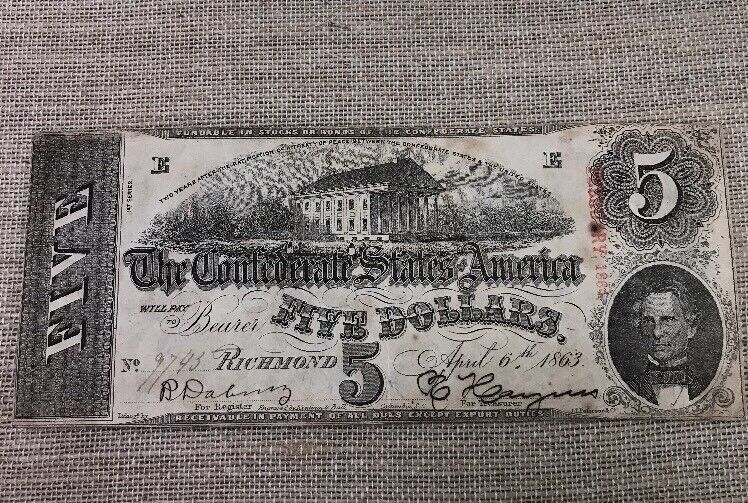 1863 $5 Confederate States of America April 6 Richmond Civil War Era Note T-60
