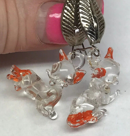 Retro Funky Silver Tone Lucite Bubble Sitting Cat Figurine Drop Dangle Earrings