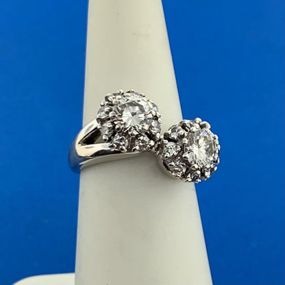 Vintage 18K White Gold Diamond Duo W/Halo Statement Bypass Ring