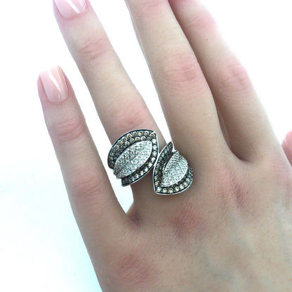 14K White Gold Chocolate Vanilla Diamond Bypass Anniversary Cocktail Ring