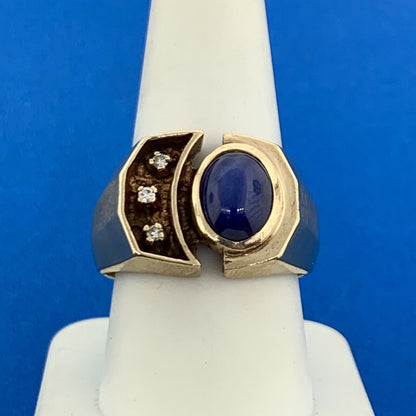 10K Yellow Gold Oval Blue Star Sapphire Diamond Accented Unisex Evil Eye Ring