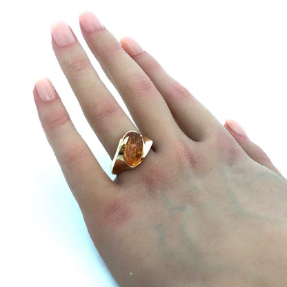 Vintage Designer 14K Yellow Gold Oval Cabochon Citrine Modernist Retro Ring