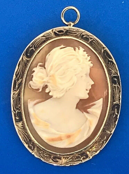 Victorian 10K Yellow Gold Oval Carved Cameo Floral Scroll Brooch Pendant