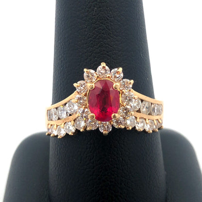 14K Yellow Gold Oval Ruby Diamond Engagement July Bday Cocktail Statement Ring