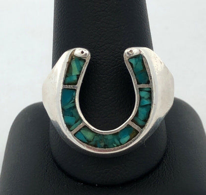 Vintage 925 Sterling Silver Turquoise Inlay Horseshoe Statement Unisex Ring