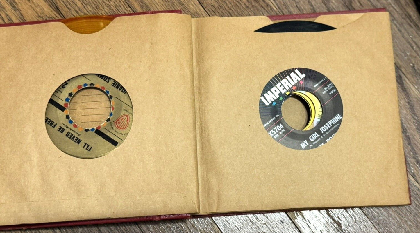 1960's Red Leather RECORDS Book Containing Ten 45 Mixed Artists Vinyl Lot