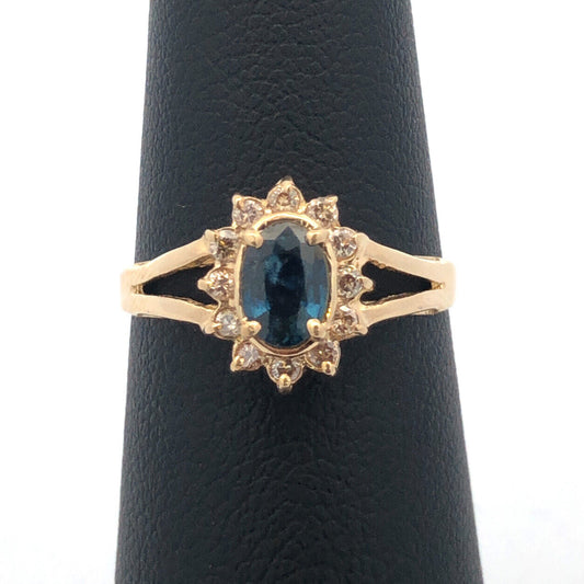 14K Yellow Gold Vintage Oval Blue Sapphire Round Diamond Halo Anniversary Ring