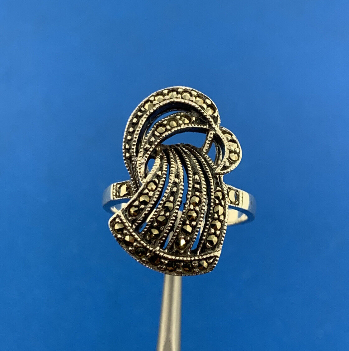 Estate Art Deco 925 Sterling Silver Marcasite Free Form Statement Cocktail Ring