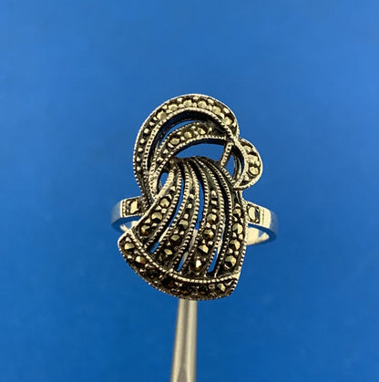 Estate Art Deco 925 Sterling Silver Marcasite Free Form Statement Cocktail Ring