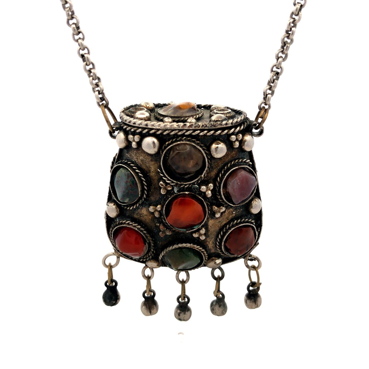 Vintage Sajai Metal Mixed Gemstone Silver Tone Prayer Box Coin Purse Necklace