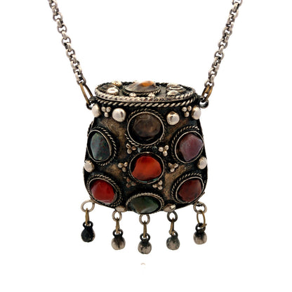 Vintage Sajai Metal Mixed Gemstone Silver Tone Prayer Box Coin Purse Necklace