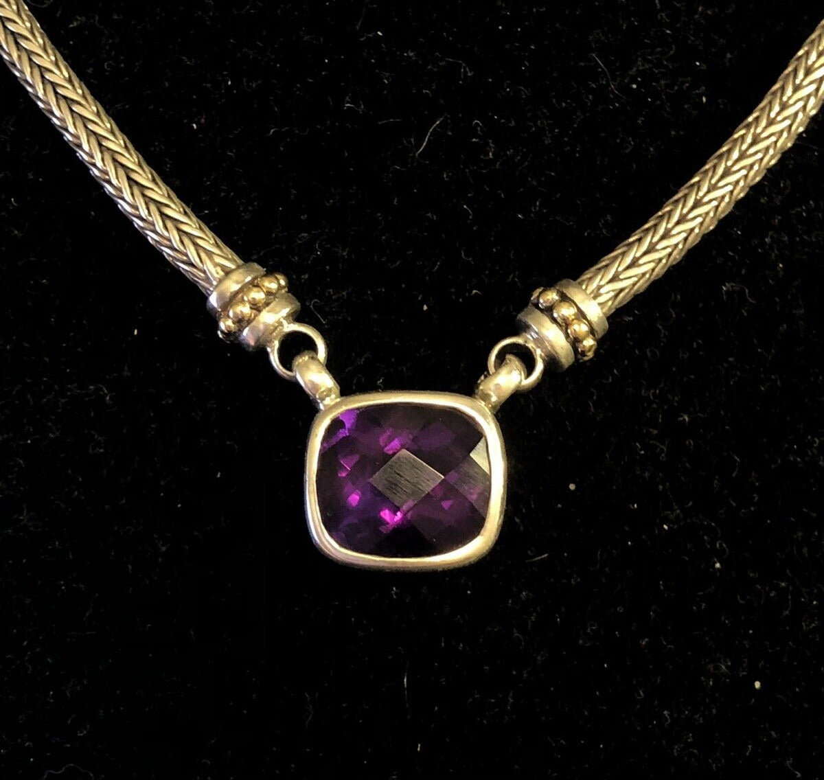 Samuel Benham BJC 925 Sterling Silver 18K Gold Cushion Amethyst Necklace