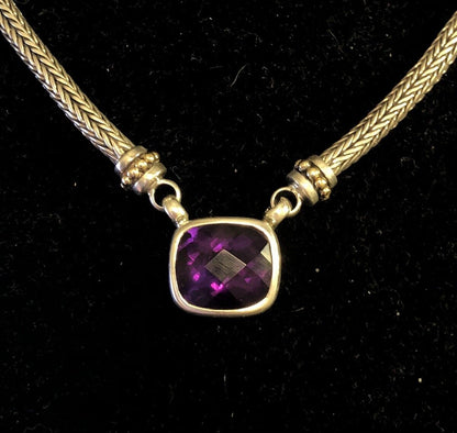 Samuel Benham BJC 925 Sterling Silver 18K Gold Cushion Amethyst Necklace