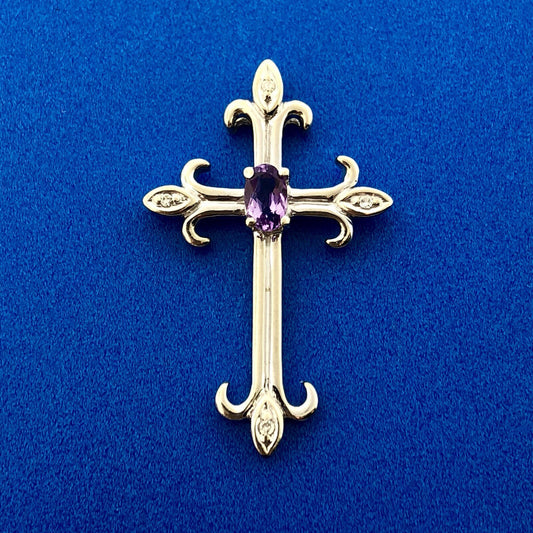 Designer 10K White Gold Amethyst Diamond Fleur De Lis Cross Religious Pendant