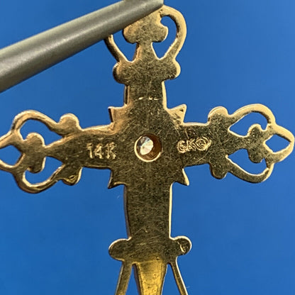 Retro 14K Yellow Gold Diamond Black Enamel Scroll Cross Religious Pendant