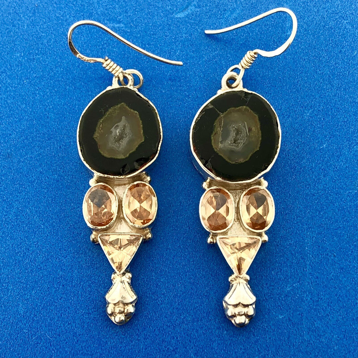 Sterling Silver 925 Orange Quartz Topaz Druzy Geode Statement Dangle Earrings