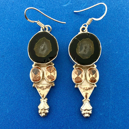 Sterling Silver 925 Orange Quartz Topaz Druzy Geode Statement Dangle Earrings