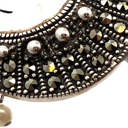 Designer A 925 Sterling Silver Marcasite Pearl Man In Moon Dangle Stud Earrings