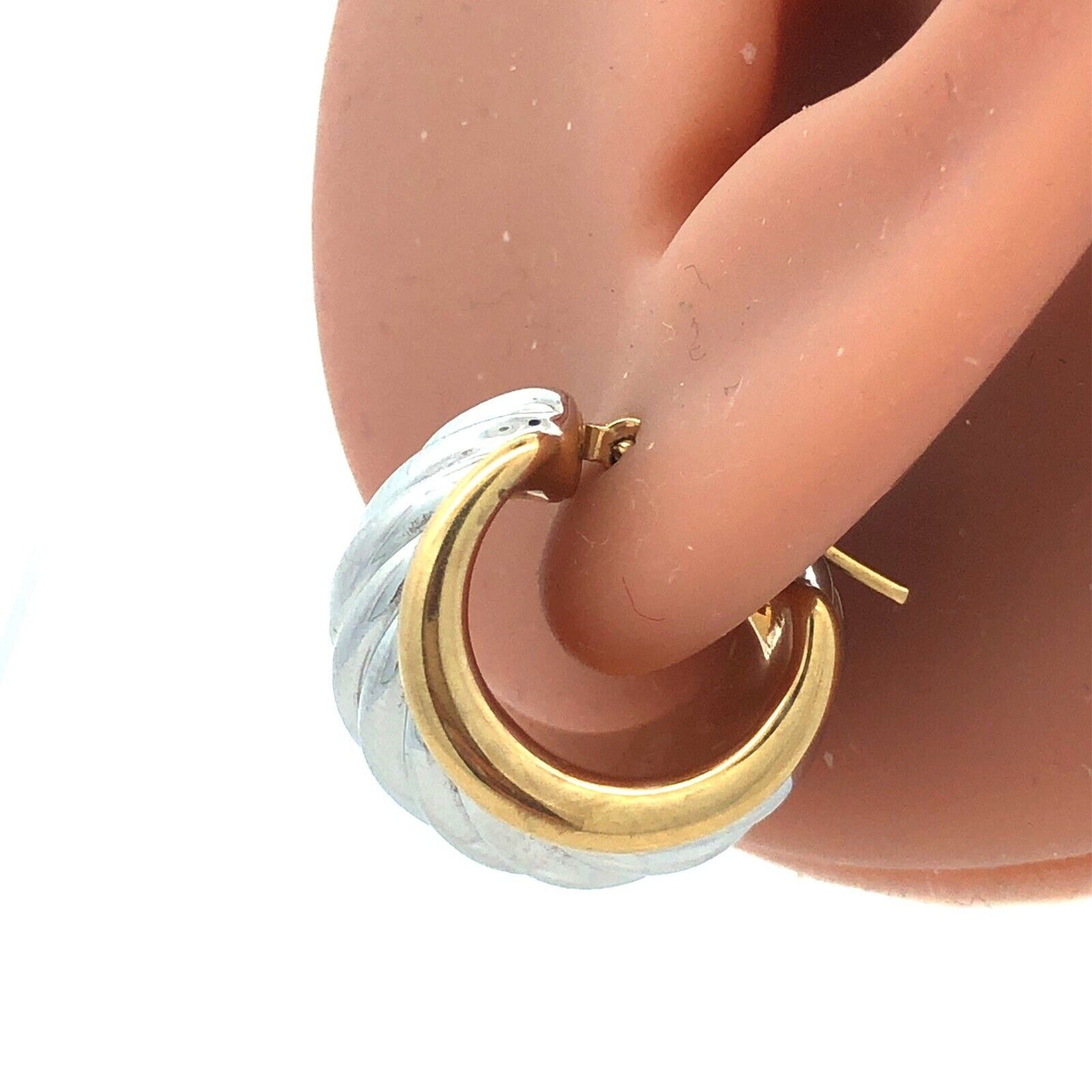 Designer Israel 14K Yellow White Gold Ribbed Two Tone Wide Huggie Hoop Earrings