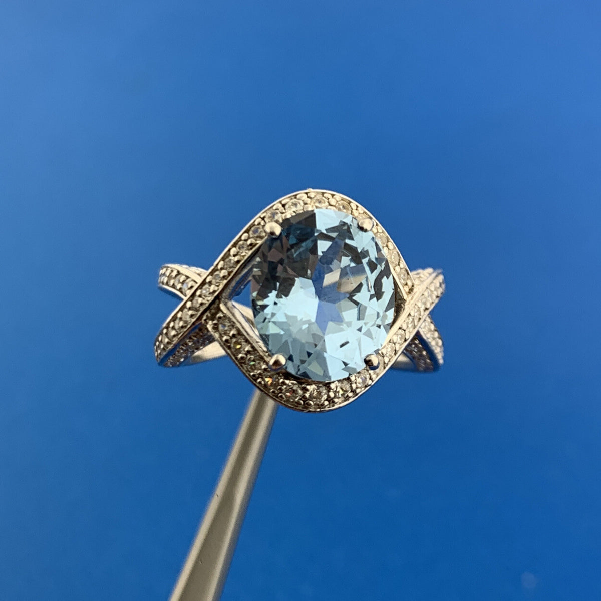 Stunning Sterling Silver Blue Topaz Solitaire CZ Accents December Occasion Ring
