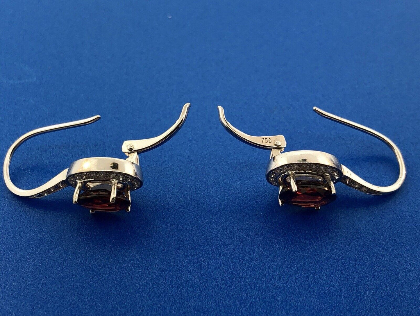 Gorgeous 18k White Gold Oval Red Garnet Diamond Halo Leverback Drop Earrings