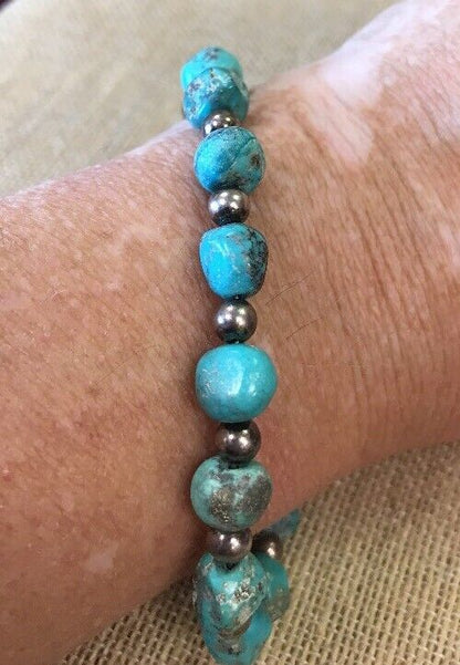 Vintage Artisan Sterling Silver 925 Natural Turquoise Bead Bracelet