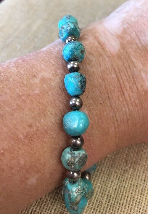 Vintage Artisan Sterling Silver 925 Natural Turquoise Bead Bracelet