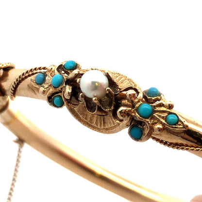 Estate 14K Yellow Gold Round Turquoise Pearl Art Deco Hinged Bangle Bracelet
