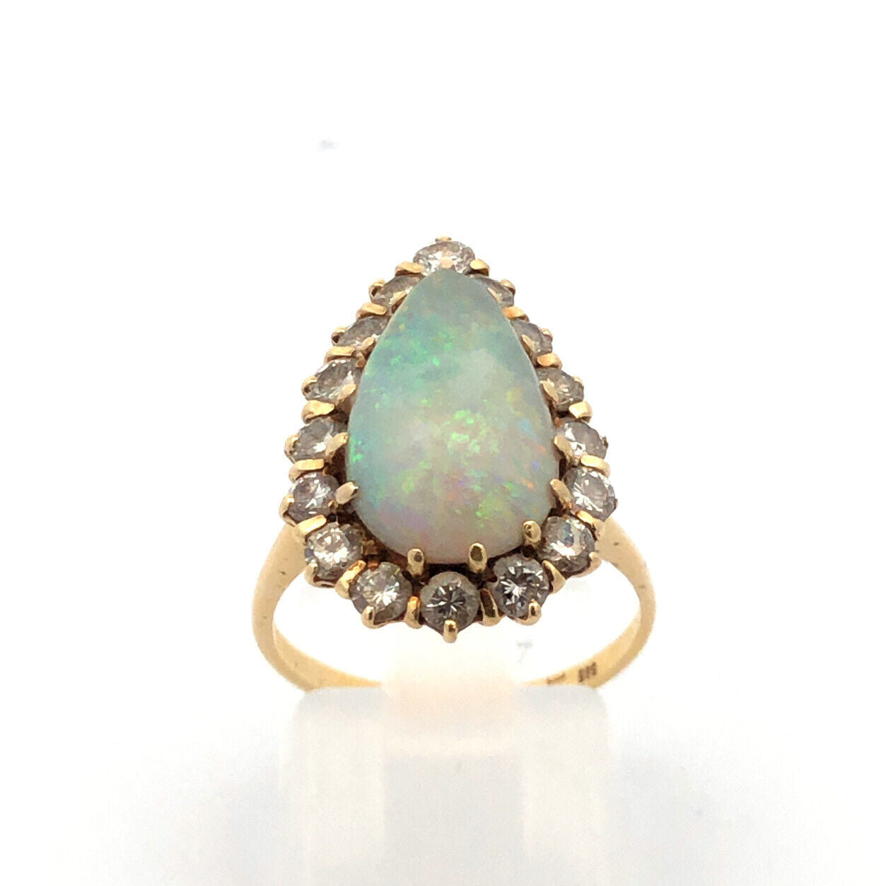 Vintage 14K Yellow Gold Pear Opal Cabochon Diamond Halo Cocktail Ring