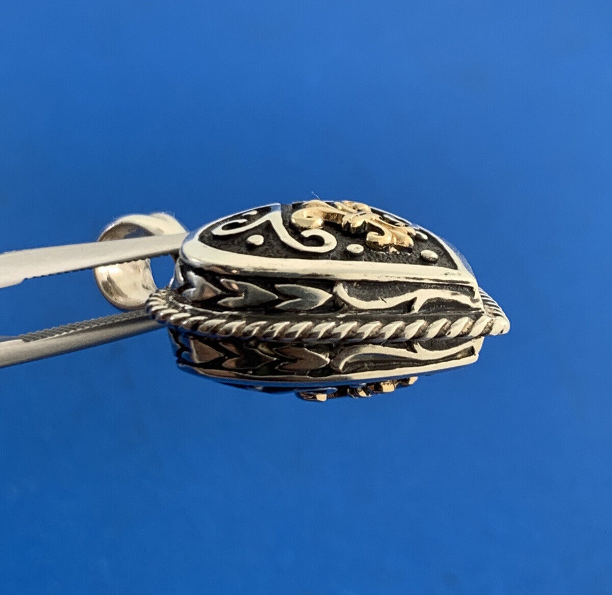 Designer 925 Sterling Silver 14K Gold Fleur De Lis Scroll Heart Pendant