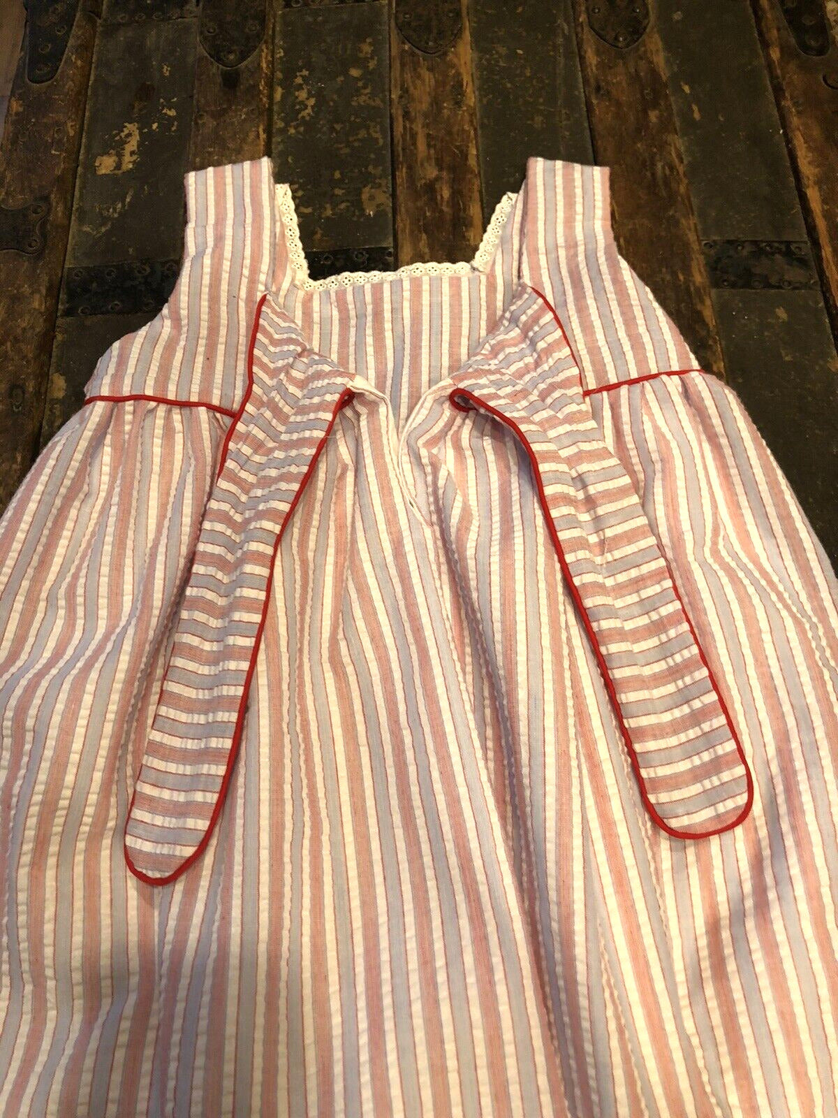 The Oaks Apparel Company Red White Blue Seersucker Girls Size 6 Lined Sundress