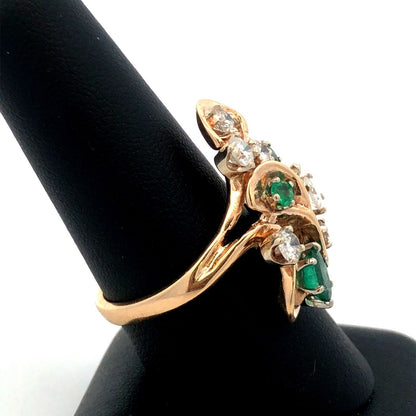 Estate 14K Yellow Gold Round Diamond Emerald Swirl Modernist Cluster Ring