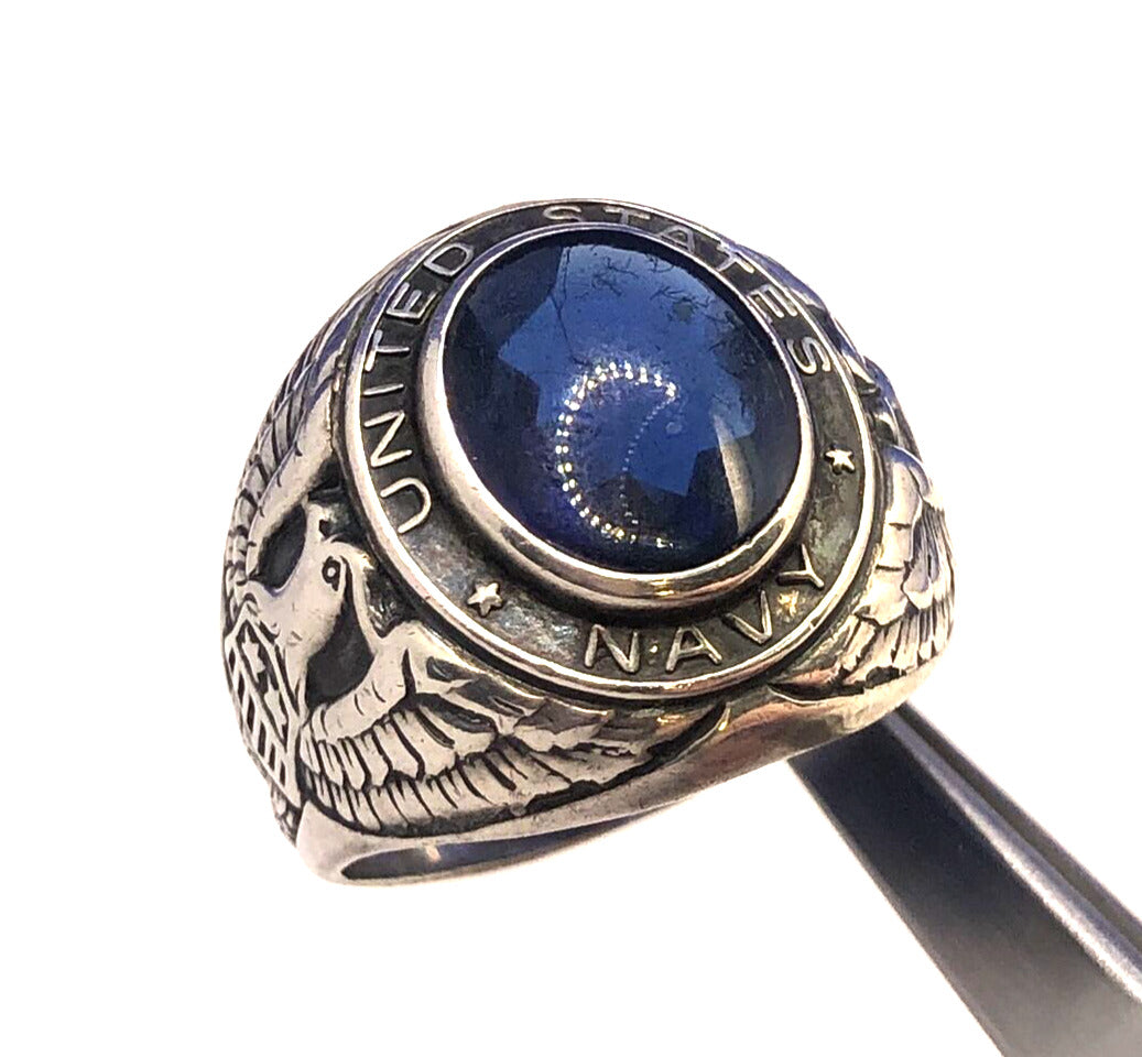 Designer Sterling Silver Oval Blue Glass United States Navy Insignia Dome Ring