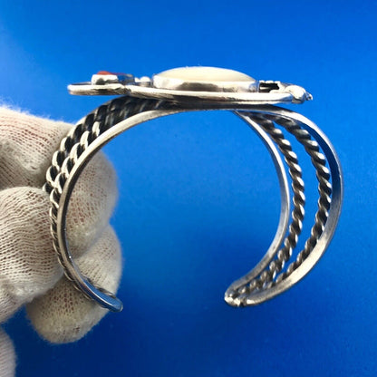 Sterling Silver 925 Mother Of Pearl Turquoise Coral Squash Blossom Cuff Bracelet
