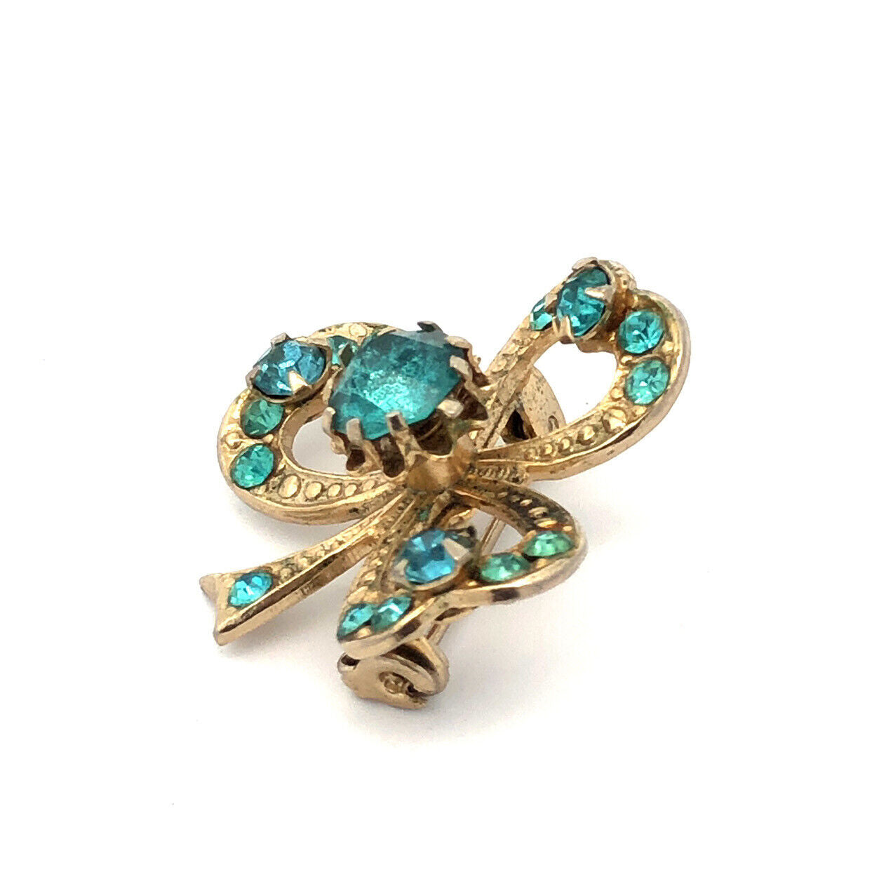 Mid Century CORO Gold Tone Aqua Rhinestone Good Luck 3 Leaf Clover Lapel Brooch