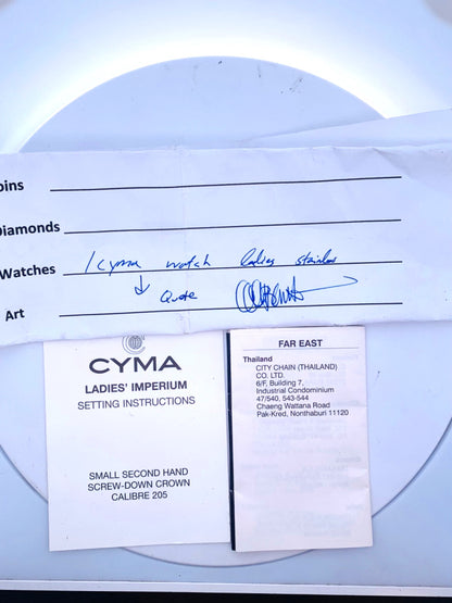 Vintage Cyma Le Locle Stainless Steel Mother Of Pearl Dial Diamond Accent Watch