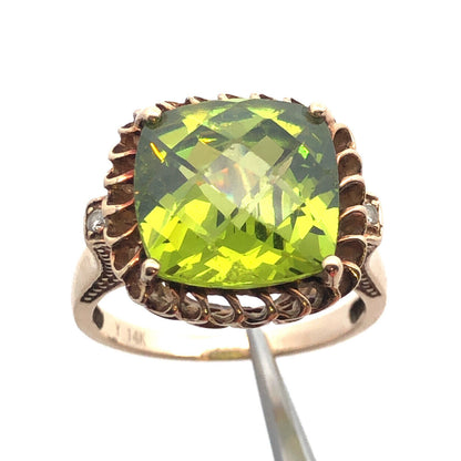 14K Yellow Gold Square Cushion Sparkling Chartreuse Green Cz Statement Dome Ring