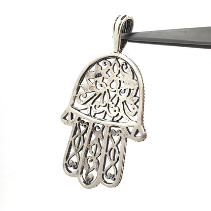 925 Sterling Silver Open Floral Scroll Hamsa Hand Of Fatima Pendant