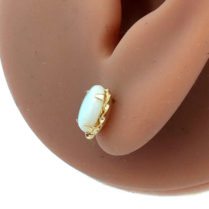 Estate 14K Yellow Gold Oval White Opal Cabochon Solitaire Stud Earrings